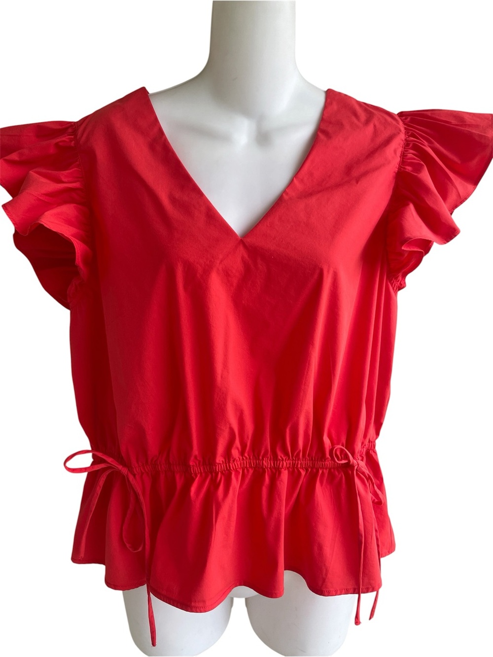 Marc New York Red Peplum Top Blouse Cap Ruffle Sleeves V-Neck Woman's Large